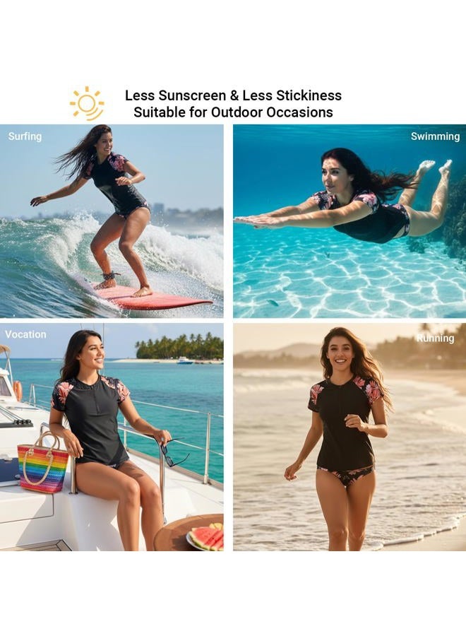 Holipick 2 Piece Rash Guard for Women - Short Sleeve Swim Shirt UPF 50+ Zip Up Swimsuit with Built in Bra, Black and Flowers, M - Image 5
