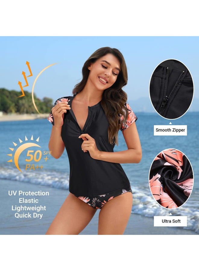 Holipick 2 Piece Rash Guard for Women - Short Sleeve Swim Shirt UPF 50+ Zip Up Swimsuit with Built in Bra, Black and Flowers, M - Image 3