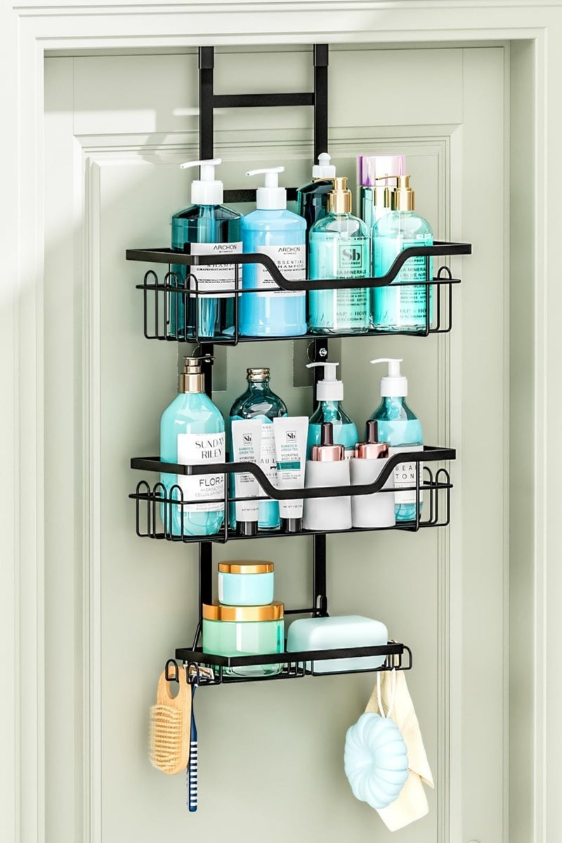 Loloty منظم حمام معلق على الباب بدون حفر، 3 طبقات من حوامل الدش المعدنية السوداء مع 16 خطاف، تخزين مقاوم للصدأ والماء مثبت على الحائط للمنشفة - Image 1