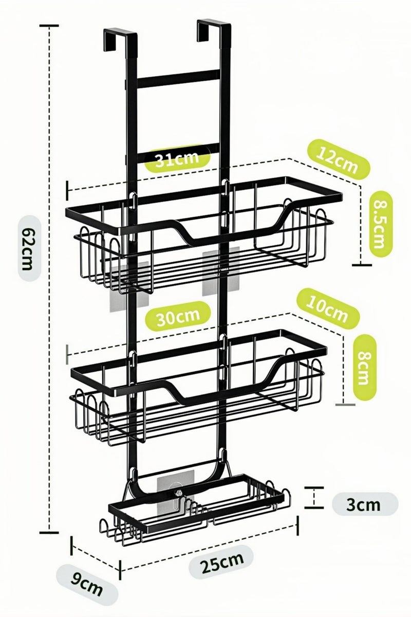 Loloty منظم حمام معلق على الباب بدون حفر، 3 طبقات من حوامل الدش المعدنية السوداء مع 16 خطاف، تخزين مقاوم للصدأ والماء مثبت على الحائط للمنشفة - Image 2