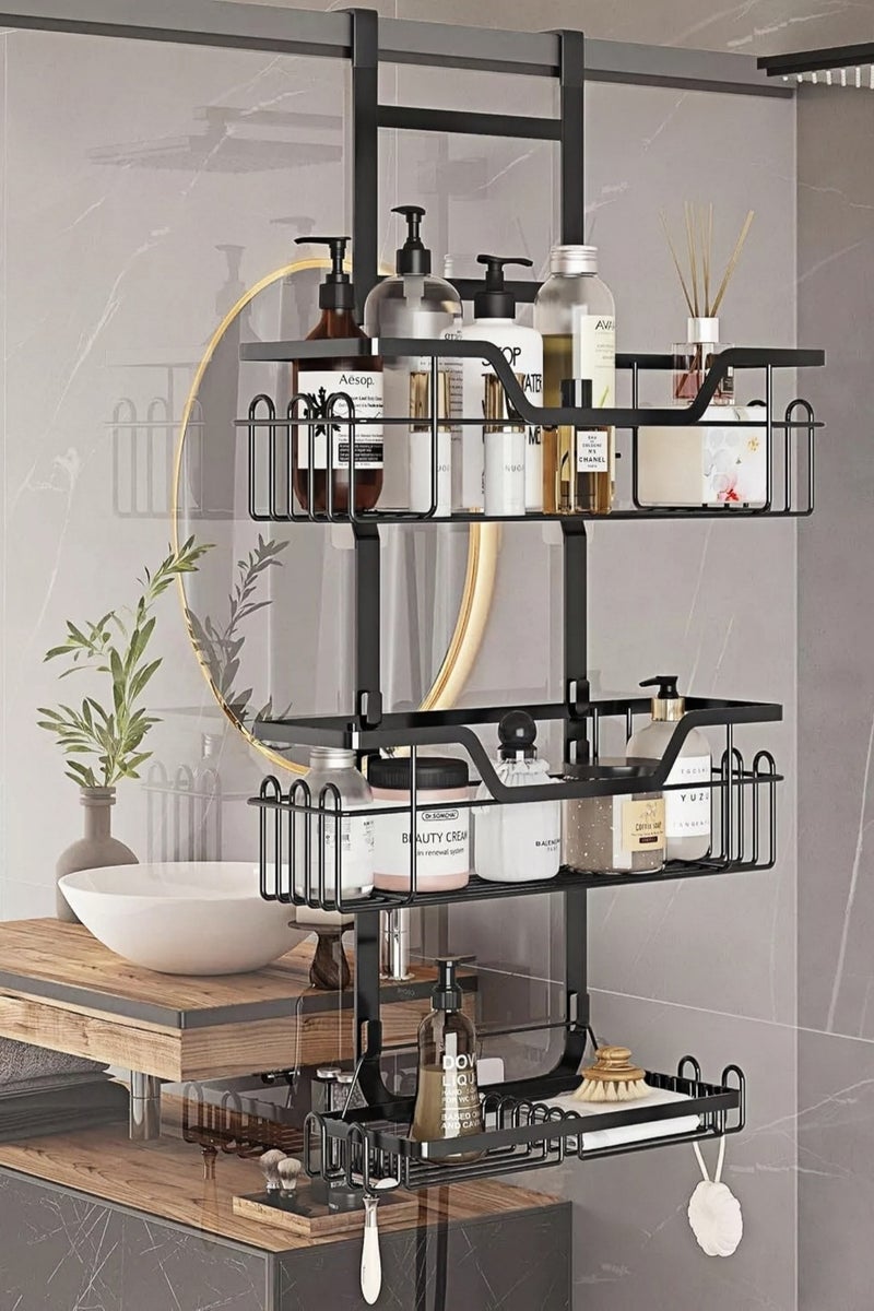 Loloty منظم حمام معلق على الباب بدون حفر، 3 طبقات من حوامل الدش المعدنية السوداء مع 16 خطاف، تخزين مقاوم للصدأ والماء مثبت على الحائط للمنشفة - Image 3