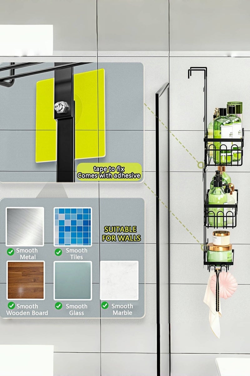 Loloty منظم حمام معلق على الباب بدون حفر، 3 طبقات من حوامل الدش المعدنية السوداء مع 16 خطاف، تخزين مقاوم للصدأ والماء مثبت على الحائط للمنشفة - Image 4