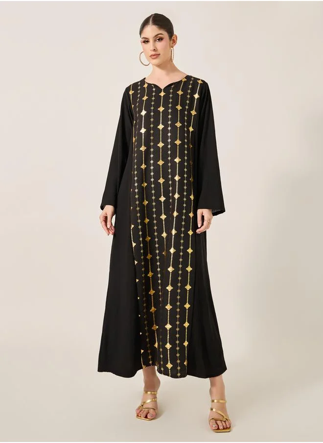 Styli Foil Print Notch Neck A-Line Jalabiya