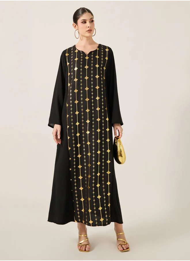 Styli Foil Print Notch Neck A-Line Jalabiya
