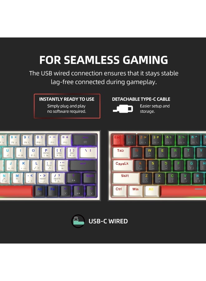 ثوندروبوت ٦٣ مفتاحًا كيبورد عربي انجليزي قيمنق ،Outemu Red Switch، لوحة مفاتيح ألعاب سلكية بتصميم ٦٠٪ مع مفاتيح أسهم، قابلة للتبديل السريع، إضاءة RGB للاعبين - أسود/أبيض - Image 4