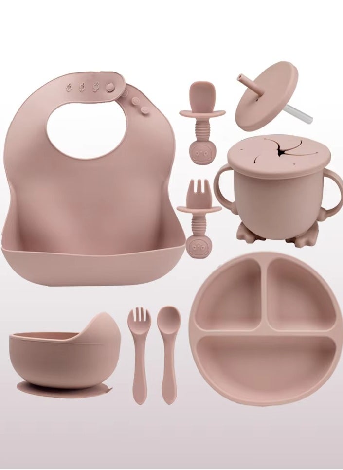 Generic 8 pieces Baby silicone feeding set/ Children's Cutlery & tableware set/ Portable, Travel friendly/ Non-toxic Food Grade Silicone/ Baby Feeding Set/ Safe & Reusable Utensils for toddlers and kids (8 Pieces/ Compartment Plate, Bowl, Short Fork & Spoon, Water Cup, Bib, Long Fork & Spoon)/ Pink  - Image 1