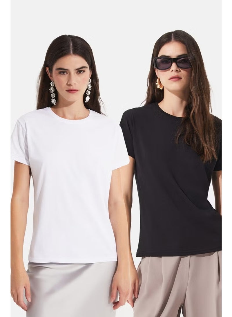 JUNE Black - White 2 Pack 100% Cotton Basic Women's T-Shirt - Image 1