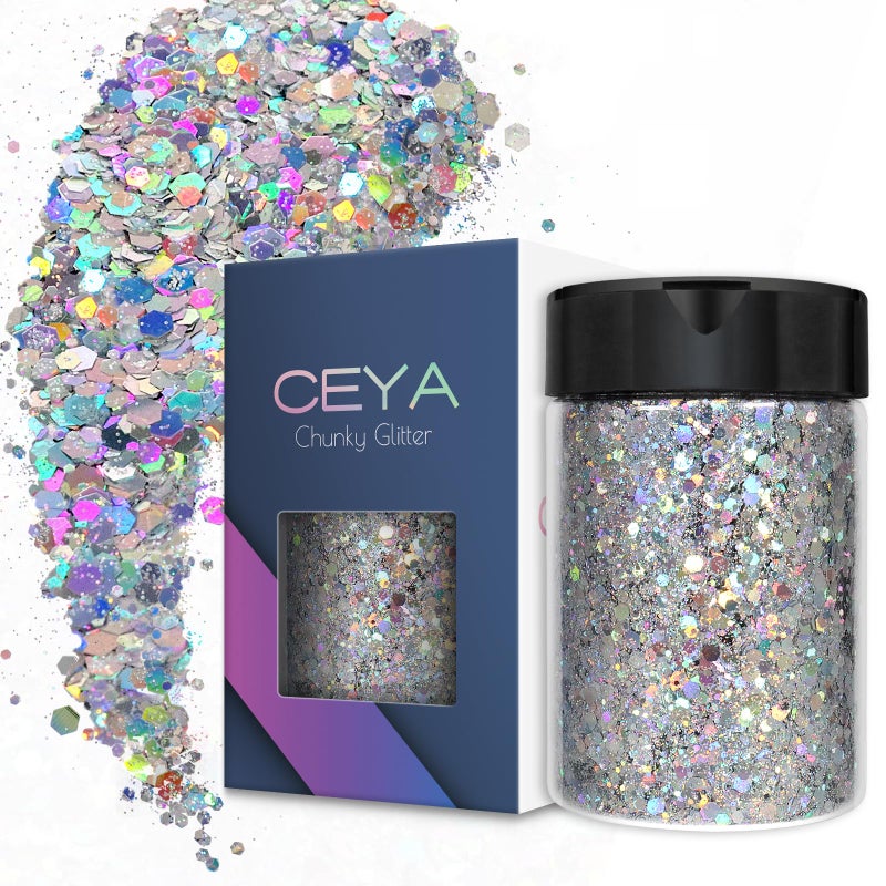 Ceya Holographic Chunky Glitter 49oz 140g Silver Craft Glitter Powder Mixed Chunky Fine Flakes Iridescent Nail Sequins for Nail Art Hair Epoxy Resin Tumblers Slime Painting Festival Decor