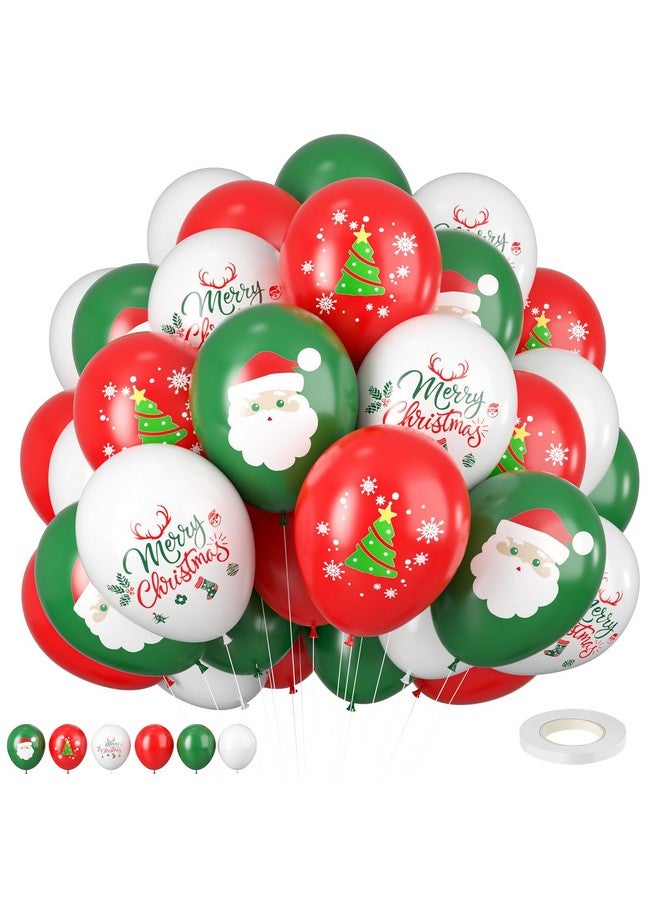 Biapian Chirstmas Balloons, 12 Inch Green Red White Merry Chirstmas Printed Balloons Merry Chirstmas Tree Santa For Chirstmas Party Decorations Celebration Party Balloons With Ribbon - Image 1