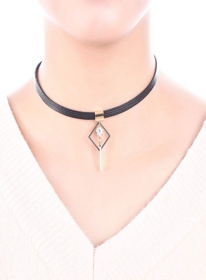 FJ Black Leather Choker Necklace Cubic Zirconia Stone Choker for Women - Image 2