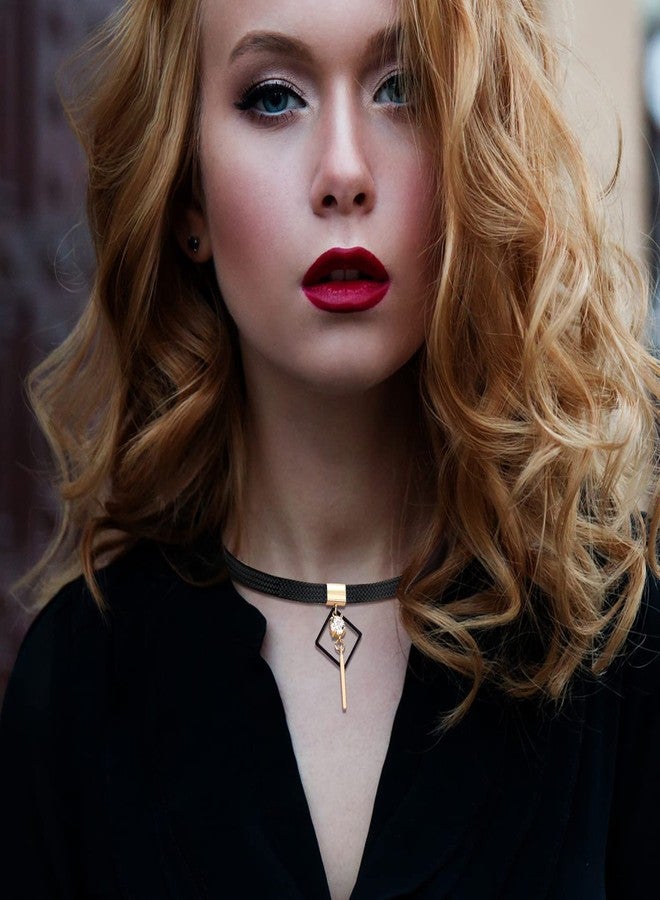 FJ Black Leather Choker Necklace Cubic Zirconia Stone Choker for Women - Image 3