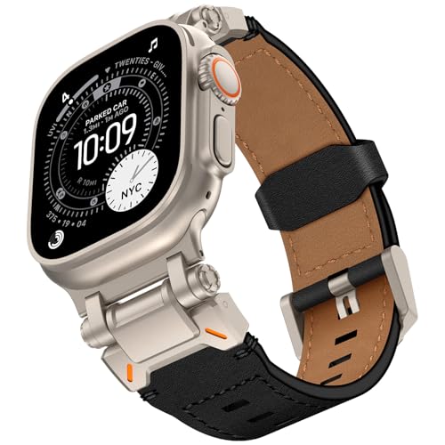 KADES Top Grain Genuine Leather Band for Apple Watch Ultra 321 49mm Men Metal Connectors for Apple Watch Series 1110SE3987SE2654SE321 46mm 45mm 44mm 42mm TitaniumBlack - Image 1