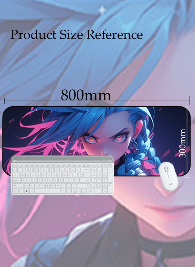 LOL Jinx Mouse Pad 800MM*300MM*4MM Full Desk  LOL Jinx Mousepad Extended Large Non-Slip Rubber Base Waterproof Big Keyboard Mat with Stitched Edges for Gaming and Office - Image 2