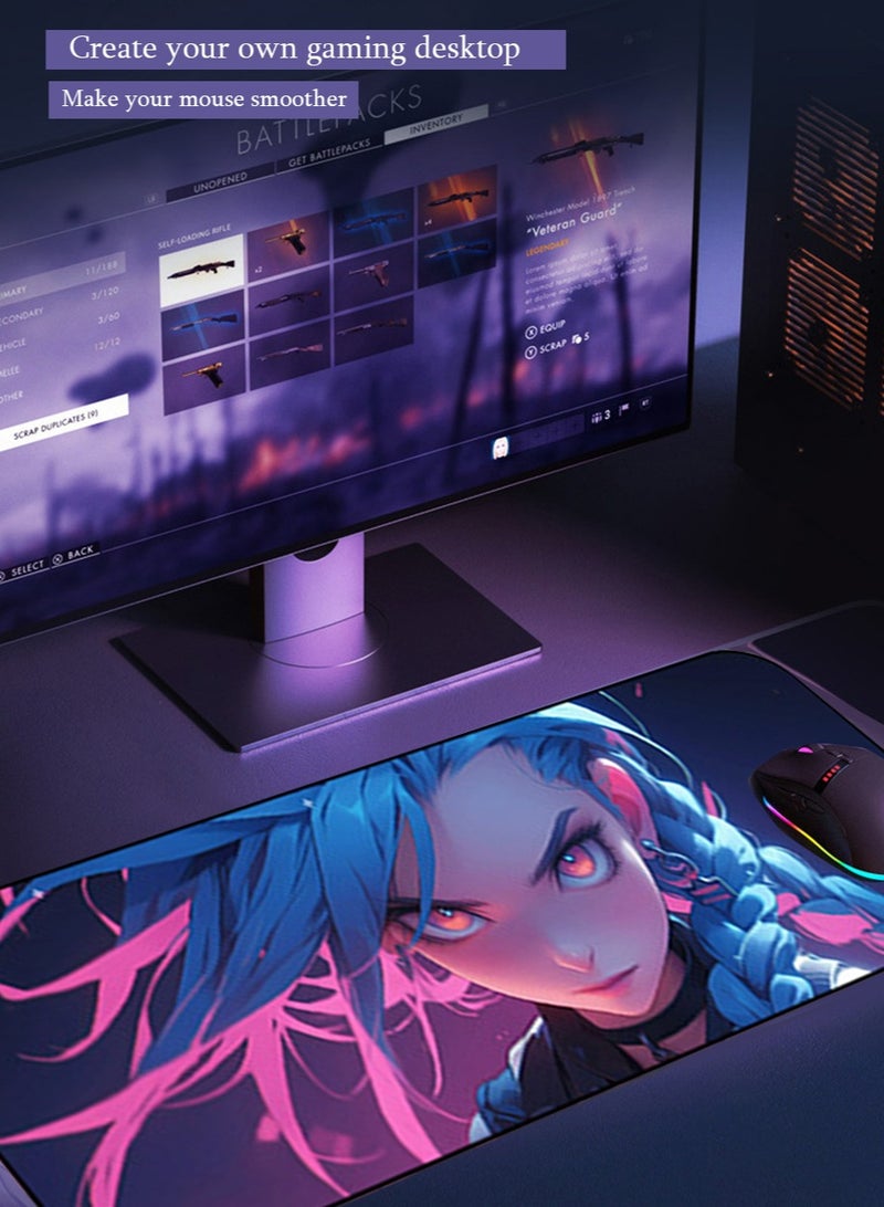 LOL Jinx Mouse Pad 800MM*300MM*4MM Full Desk  LOL Jinx Mousepad Extended Large Non-Slip Rubber Base Waterproof Big Keyboard Mat with Stitched Edges for Gaming and Office - Image 4