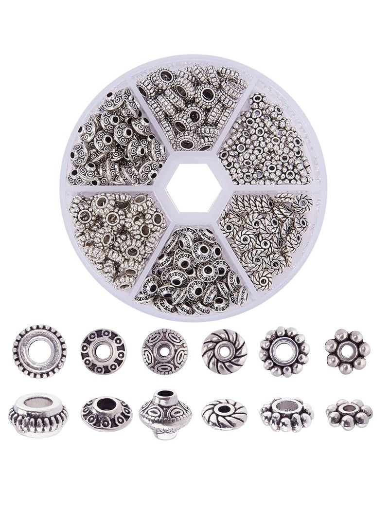 300pcs Antique Silver Spacer Beads for Jewelry Making, 6 Styles of Metal Alloy Tube Spacers, Flower Flat Rondelle, Small Loose Beads for Bracelets Necklaces Earrings Supplies - Image 1