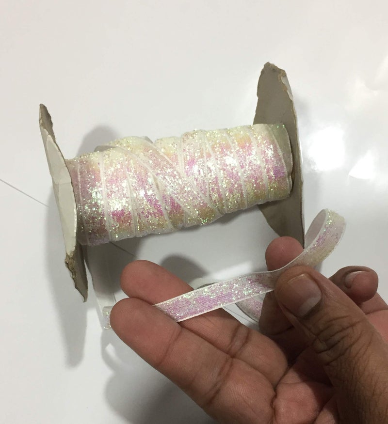OMX Roll of Sparkle Glitter Ribbon Patti Lace (32 Meters) (Border) with 1cm (10mm) Width, Saree Border, Party Decoration, Craftwork (White with Rainbow Sparkle) - Image 3
