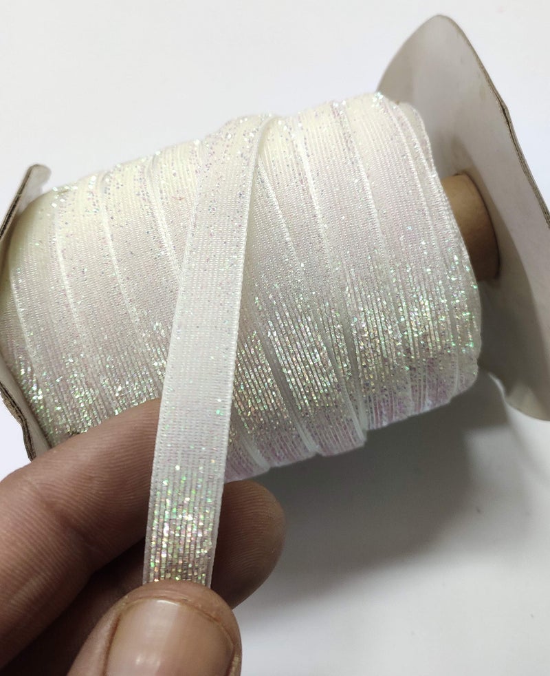 OMX Roll of Sparkle Glitter Ribbon Patti Lace (32 Meters) (Border) with 1cm (10mm) Width, Saree Border, Party Decoration, Craftwork (White with Rainbow Sparkle) - Image 1
