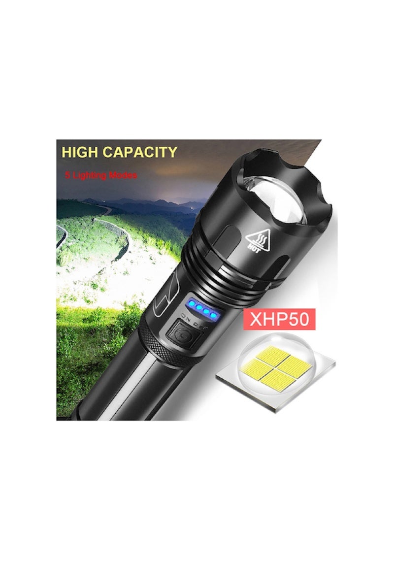 مصباح يدوي قوي بإضاءة LED من نوع XHP50، شحن عبر USB، مصباح كشاف للطوارئ الخارجية طويل المدى بتقريب متغير (بدون بطارية) - Image 3