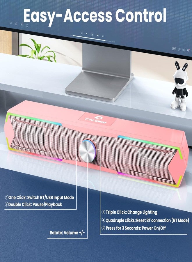 سماعات كمبيوتر Tylubio لأجهزة الكمبيوتر المكتبية بصوت نقي، وسماعة LED متدفقة للكمبيوتر المكتبي وشاشة الكمبيوتر المحمول، ومدخل بلوتوث وUSB - وردي - Image 5