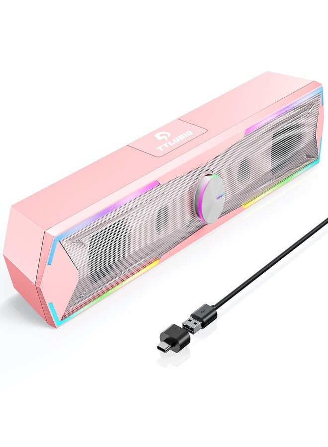 سماعات كمبيوتر Tylubio لأجهزة الكمبيوتر المكتبية بصوت نقي، وسماعة LED متدفقة للكمبيوتر المكتبي وشاشة الكمبيوتر المحمول، ومدخل بلوتوث وUSB - وردي - Image 1