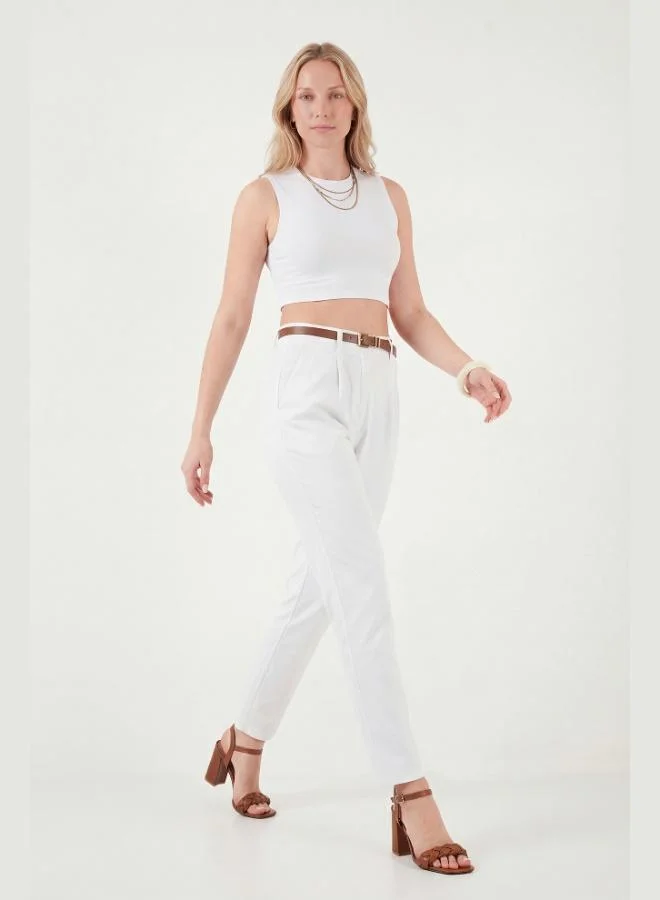 Lela Lela Stretch Cotton Regular Fit High Waist Straight Leg Short Trousers with Belt for Women PANTS 668YP5335