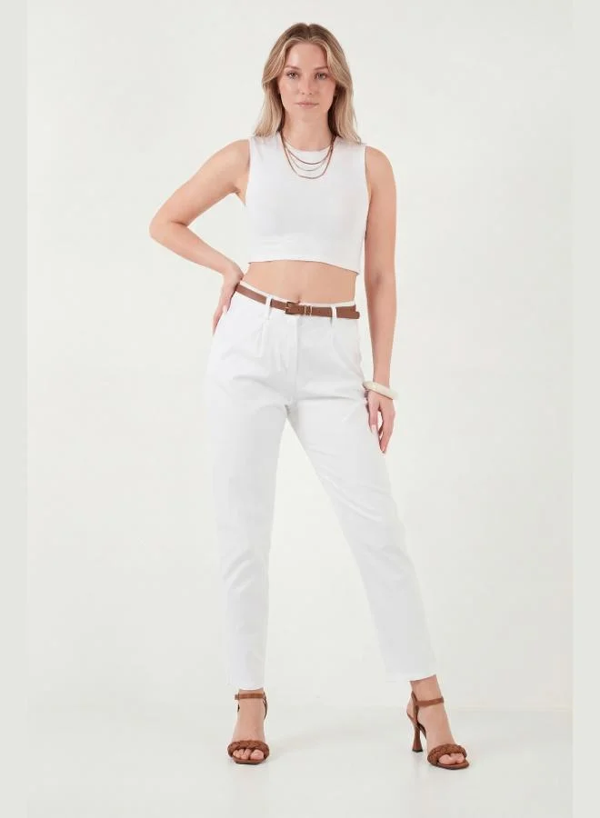 Lela  Lela Stretch Cotton Regular Fit High Waist Straight Leg Short Trousers with Belt for Women PANTS 668YP5335 for Women | Best Price UAE