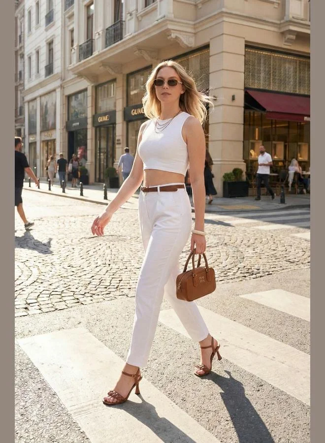 Lela Lela Stretch Cotton Regular Fit High Waist Straight Leg Short Trousers with Belt for Women PANTS 668YP5335