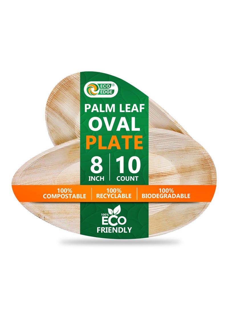 EcoEdge 8 Inch Oval Areca Palm Leaf Disposable Plates (Pack of 10) | Chemical Free, Natural, Eco Friendly, Organic, Biodegradable, Compostable | Heavy Duty, Rustic Texture | 100% Plant Based - Image 1