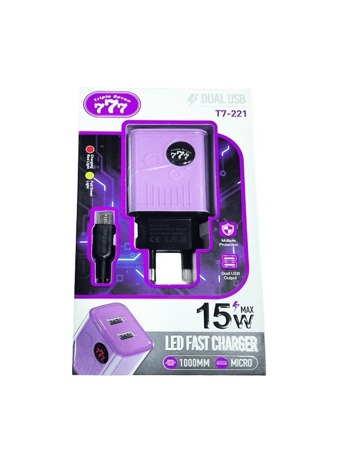 777 شاحن تريبل سفن T7-221 بمنفذين USB – شحن سريع 15 واط – مؤشر LED – مع كابل مايكرو USB – حماية متعددة - Image 4