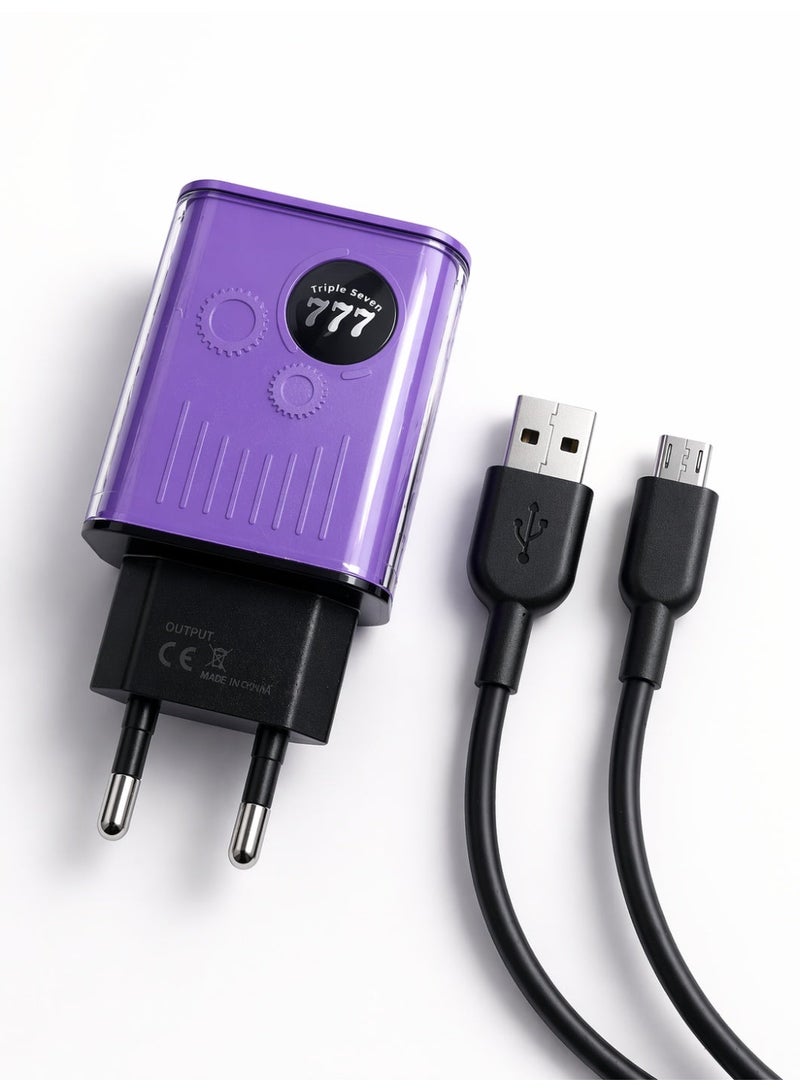 777 شاحن تريبل سفن T7-221 بمنفذين USB – شحن سريع 15 واط – مؤشر LED – مع كابل مايكرو USB – حماية متعددة - Image 1