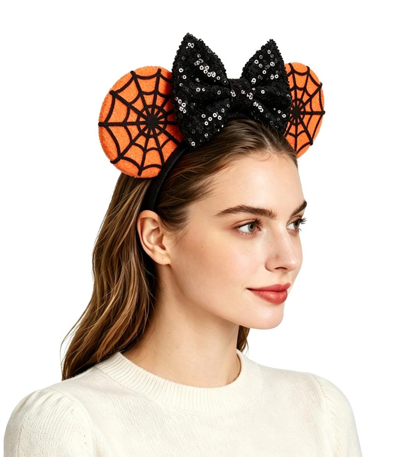 LSHDXD Halloween Christmas Hairband Handmade Headband with Adjustable Mouse Ears Glitter Sequin Spider Web Design Unique Gift for Women Unisex Adults Black 1 Count Pack of 1 - Image 2
