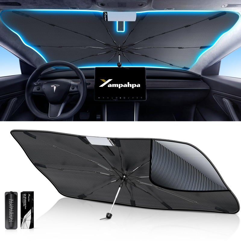 Yampahpa Yampahapa Car Windshield Sun Shade Umbrella NanoSized Condensation Foldable Cover UV Ray Reflector Medium Sedan Sunshade with Cooling Feature