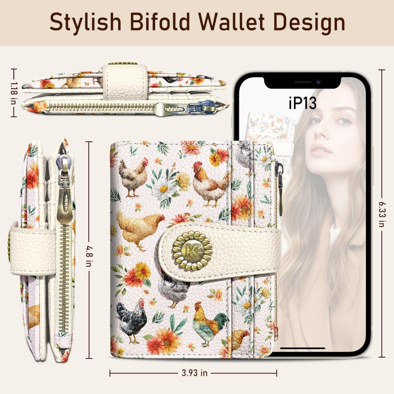 Kelvoris Roosters Chicken Small Rfid Women Wallet Bifold Zipper Coin Pocket PU Leather Compact Cash Credit Card Holder Travel Wallet for Female Ladies Teen Girls 1 ID Window 10 Card Slots - Image 5