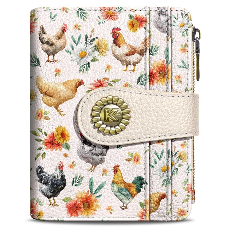 Kelvoris Roosters Chicken Small Rfid Women Wallet Bifold Zipper Coin Pocket PU Leather Compact Cash Credit Card Holder Travel Wallet for Female Ladies Teen Girls 1 ID Window 10 Card Slots - Image 1