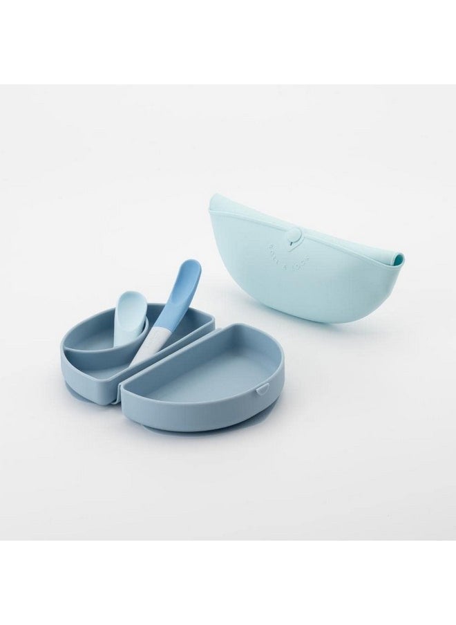 Miniware Sili Mini Go Baby Feeding Travel Set With Silifold Bento Container, Pre2Pro Spoon, Roll & Lock Bib | Perfect For On The Go Feeding (Blue Banana)  - Image 2