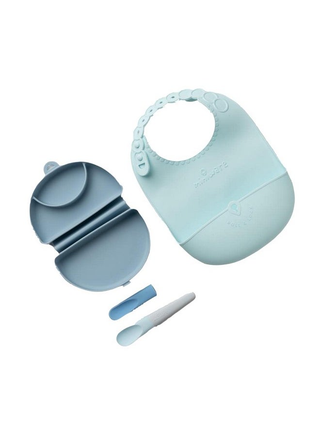 Miniware Sili Mini Go Baby Feeding Travel Set With Silifold Bento Container, Pre2Pro Spoon, Roll & Lock Bib | Perfect For On The Go Feeding (Blue Banana)  - Image 1