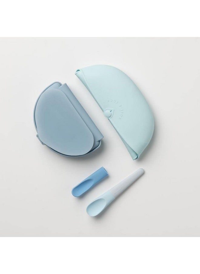 Miniware Sili Mini Go Baby Feeding Travel Set With Silifold Bento Container, Pre2Pro Spoon, Roll & Lock Bib | Perfect For On The Go Feeding (Blue Banana)  - Image 3