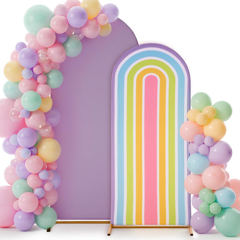 Mindsoft 7.2 ft + 6 ft Rainbow Arch Backdrop Stand Covers Pastel Background Arched Stretchy Fabric Backdrop Cover for Boho Dasiy Birthday Party Wedding Baby Shower Decoration(Purple Rainbow) - Image 1