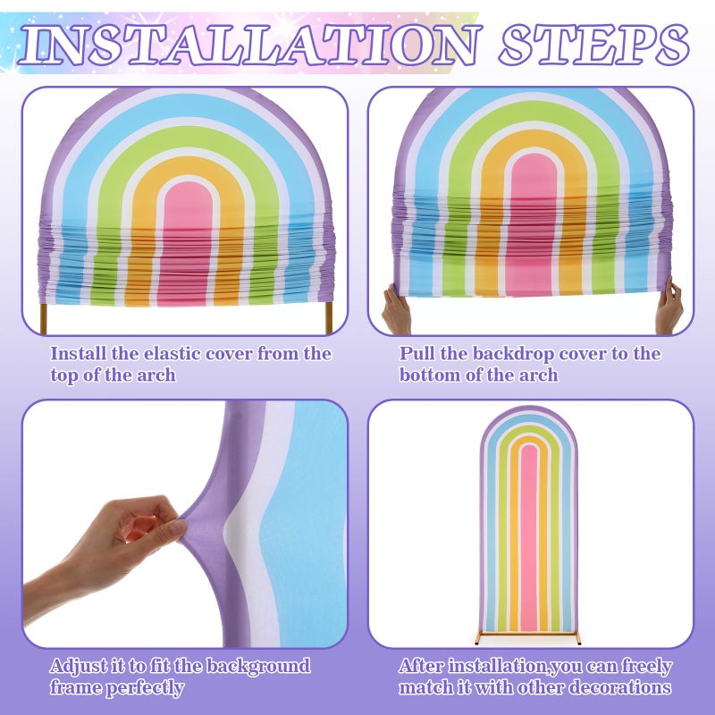Mindsoft 7.2 ft + 6 ft Rainbow Arch Backdrop Stand Covers Pastel Background Arched Stretchy Fabric Backdrop Cover for Boho Dasiy Birthday Party Wedding Baby Shower Decoration(Purple Rainbow) - Image 4