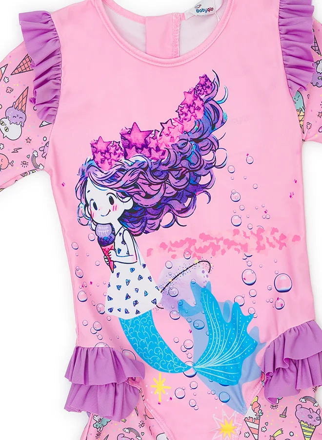 babyqlo Purple Mermaid Print Swimsuit with Ruffles