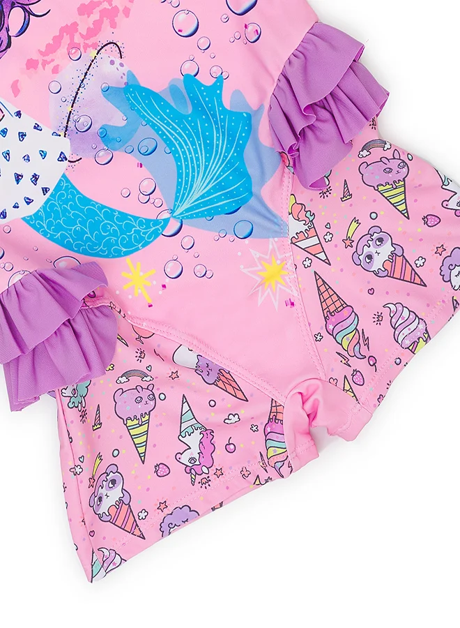 babyqlo Purple Mermaid Print Swimsuit with Ruffles