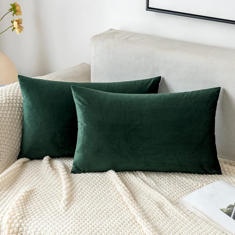 EMEMA Velvet Cushion Cover, Decorative Sofa Cushion Cover, Back Cushion Cover, Cushion Cover with Hidden Zip for Sofa, Bedroom, Set of 2 40 x 60 cm, Dark Green - Image 1