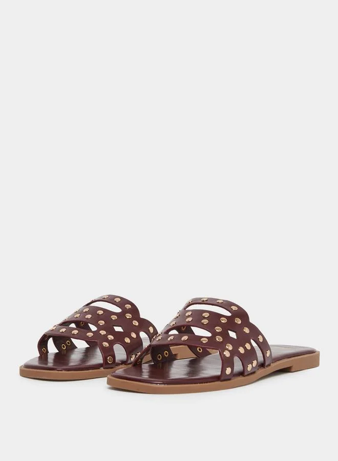 Styli Burgundy Studded Flat Sandals