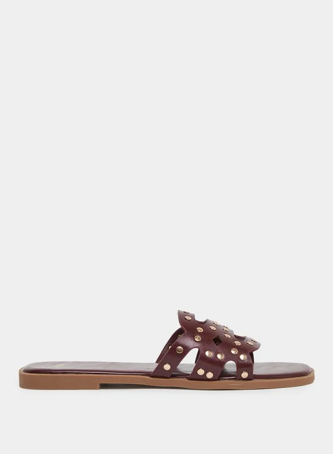 Styli Burgundy Studded Flat Sandals