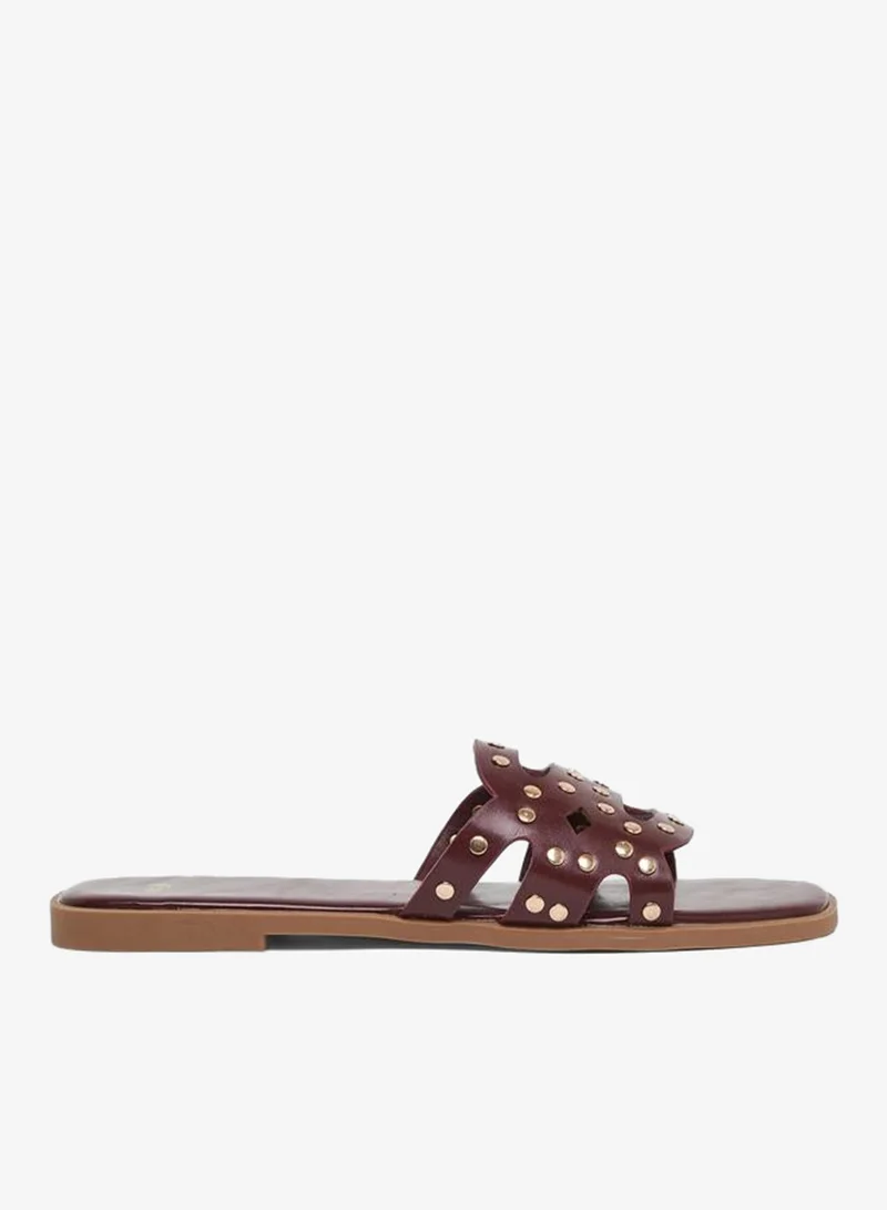 Styli Burgundy Studded Flat Sandals