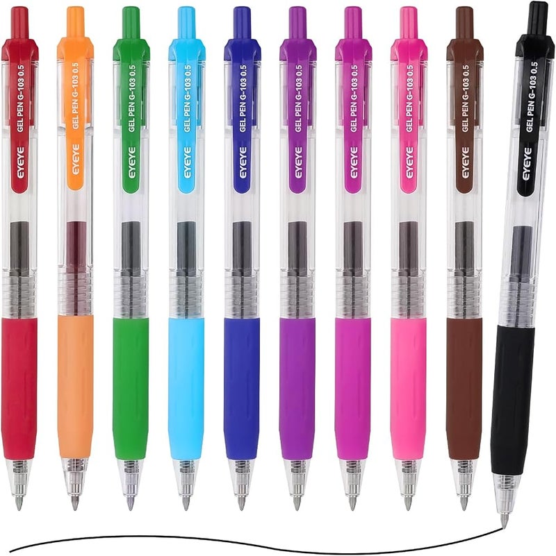 EYEYE G-103 Assorted Color Gel Ink Pens 0.5mm, Pack of 10 Multicolor Retractable Extra Fine Tip Pens with Quick Drying, Fine Point Ballpoint Pen for Smooth Writing - Image 1