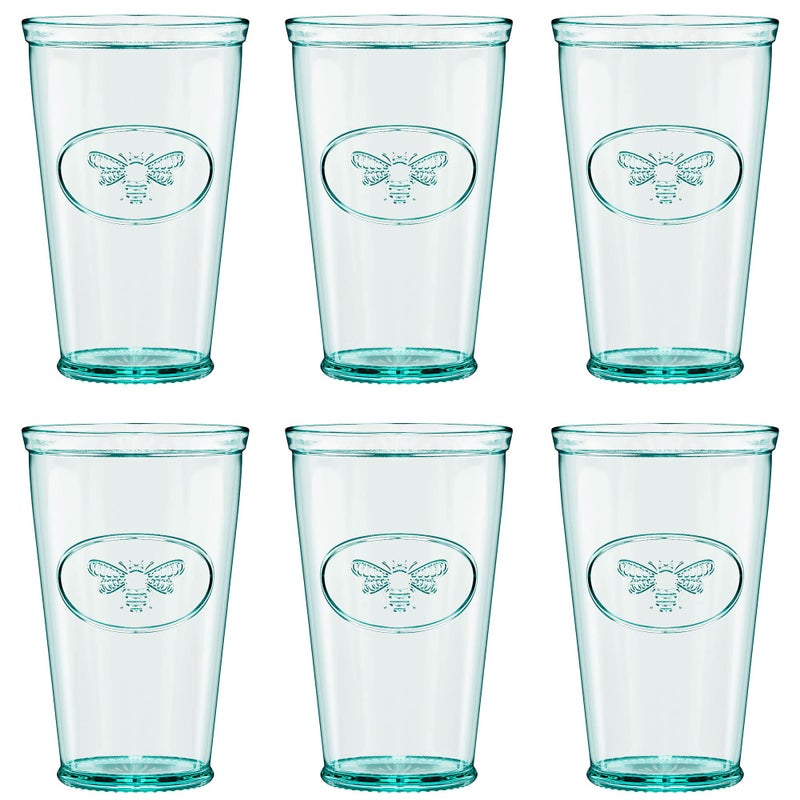 Amici Home Bee Hiball Glass  16 Oz  Italian Made Recycled Glass with Green Tint  Drinking Glass with Embossed Bee Design for Water Juice Cocktails Set of 6