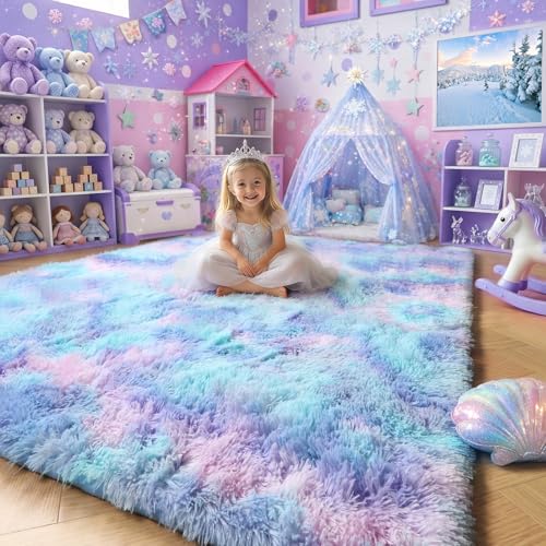 Amdrebio Purple Rainbow Rugs for Bedroom Girls Room Decor Soft Fluffy Cute Area Rug 4x6 for Kids Room Playroom Nursery Dorm Mermaid Stitch Frozen Fuzzy Carpet Plush Kawaii Furry Baby Toddler Rug - Image 1