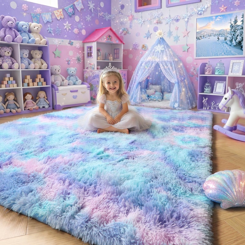 Amdrebio Purple Rainbow Rugs for Bedroom Girls Room Decor Soft Fluffy Cute Area Rug 4x6 for Kids Room Playroom Nursery Dorm Mermaid Stitch Frozen Fuzzy Carpet Plush Kawaii Furry Baby Toddler Rug - Image 2