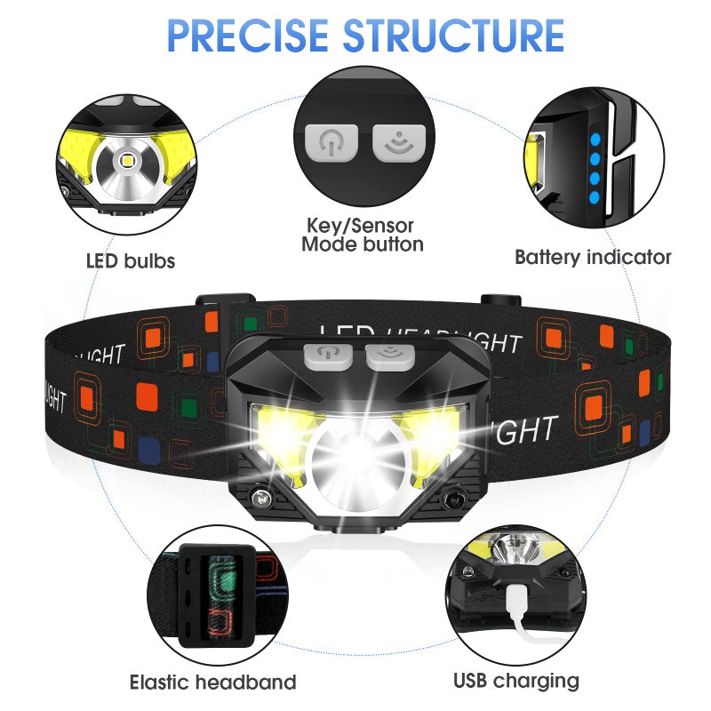 LHKNL Headlamp Flashlight, Lumen Ultra-Light Bright LED Rechargeable Headlight with White Red Light, 2-Pack Waterproof Motion Sensor Head Lamp,8 Modes for Outdoor Camping Running Hiking Fishing - Image 2